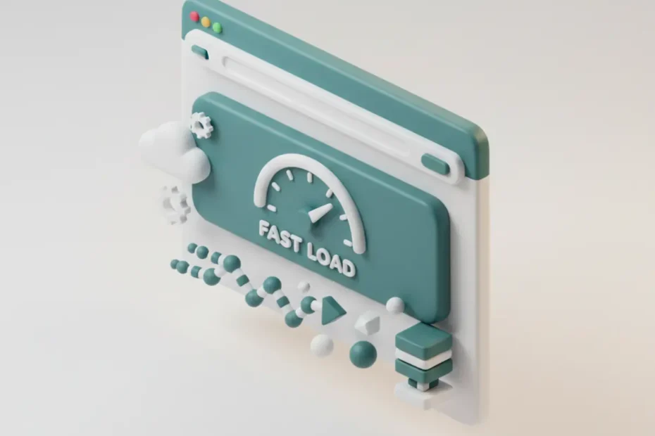 Ilustración isométrica de una imagen hero optimizada en una pantalla de navegador mostrando una carga rápida.