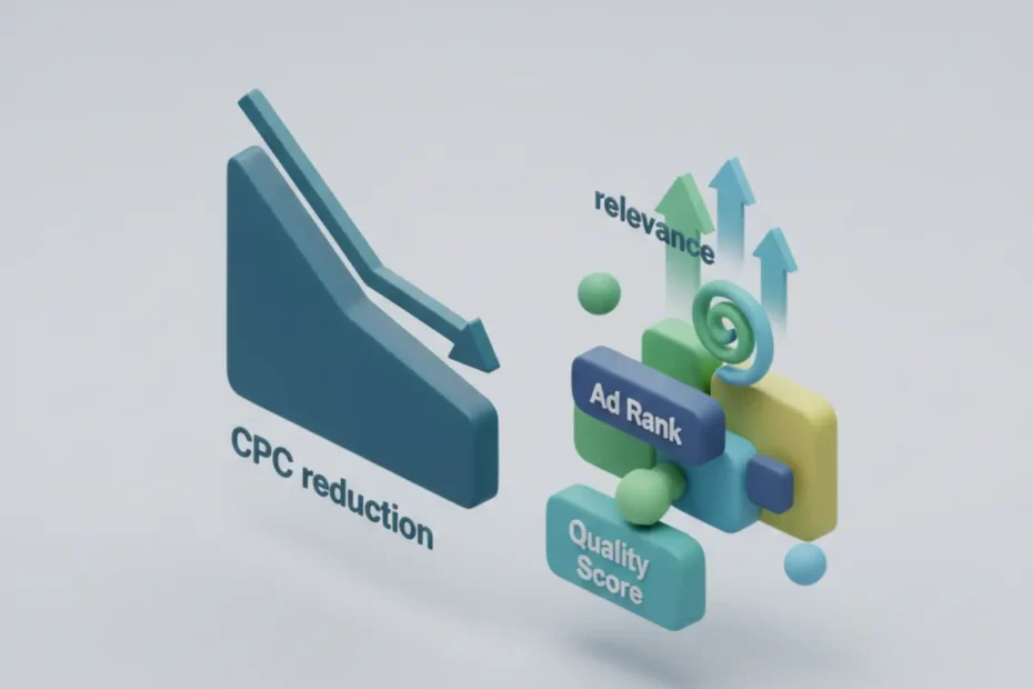 Ilustración isométrica 3D de un gráfico de CPC bajando gracias a la mejora de la relevancia del anuncio en Google Ads, estilo Claymorphism.