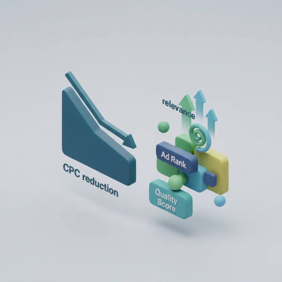 Diagrama de la subasta de Google Ads mostrando cómo el Quality Score reduce el CPC real