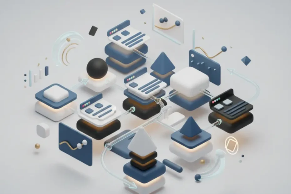 Ilustración isométrica de una red de enlaces internos en un sitio web, representando el flujo de autoridad SEO.