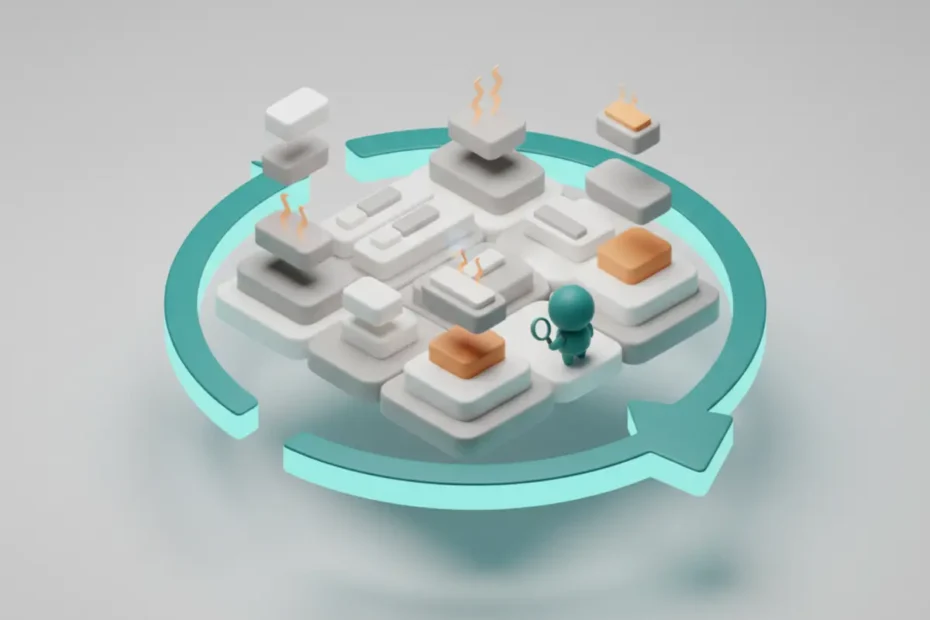 Ilustración isométrica de sitemap dinámico en WordPress con bloques de contenido actualizándose automáticamente