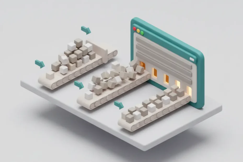 Ilustración isométrica de librerías JavaScript cargando con async y defer en una página web