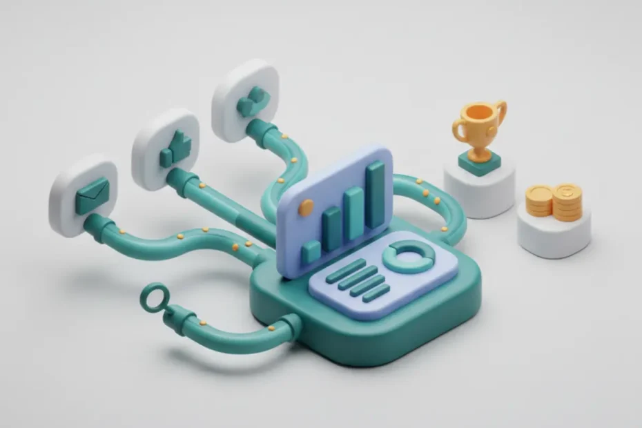 Estrategia de UTMs avanzada y atribución: múltiples canales etiquetados convergiendo en un dashboard de análisis