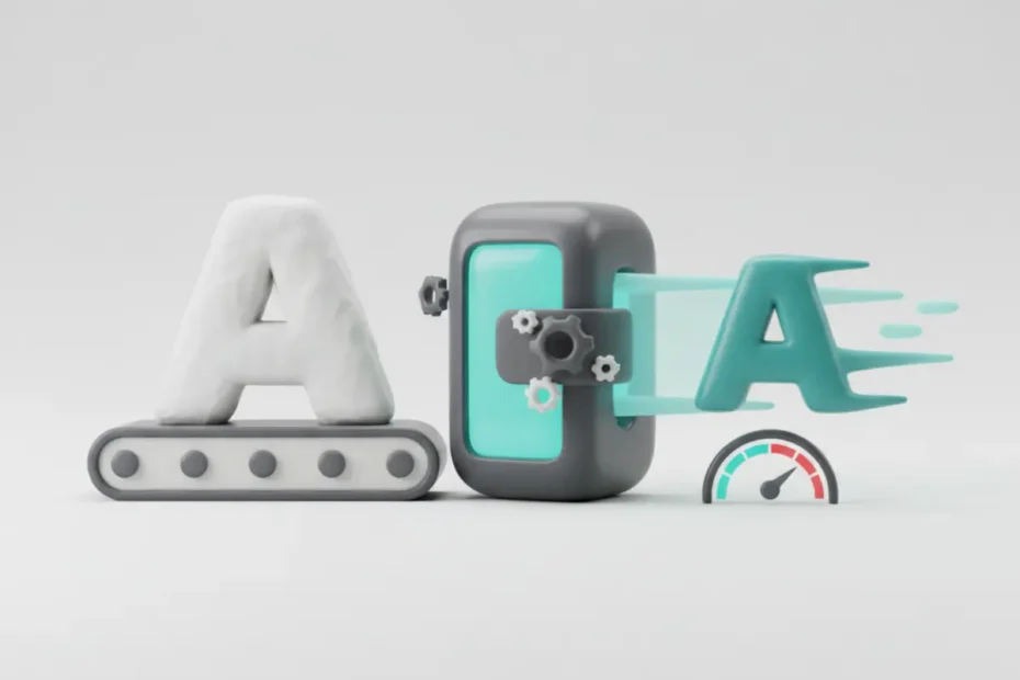 Ilustración isométrica de optimización de fuentes tipográficas web para mejorar rendimiento y Core Web Vitals