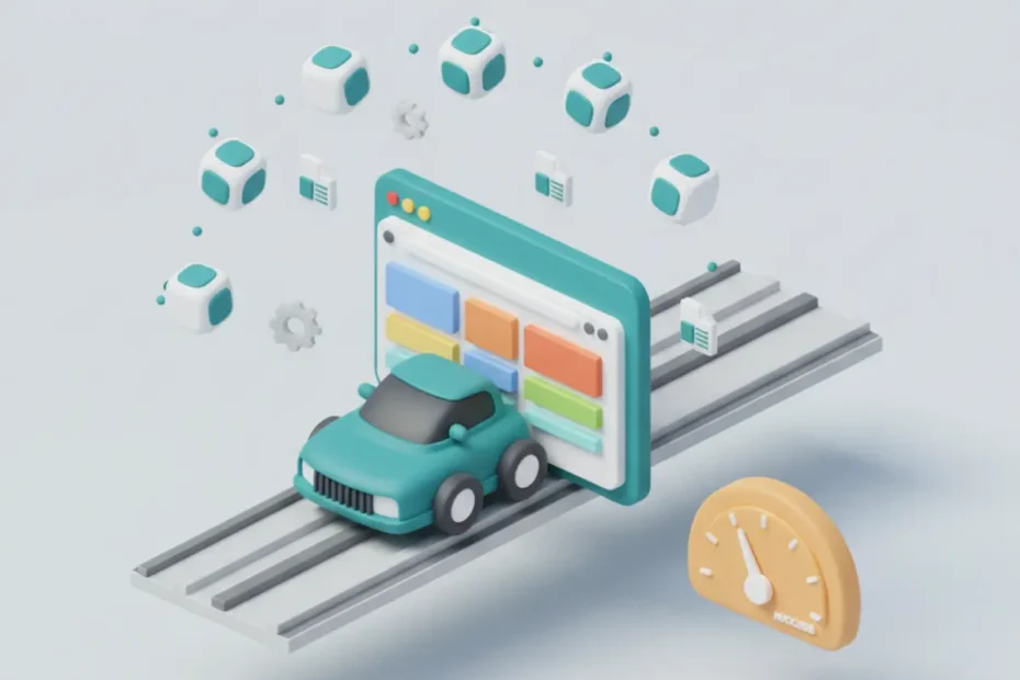 Ilustración isométrica de plugins de WordPress para velocidad orbitando un navegador web en pista de carrera