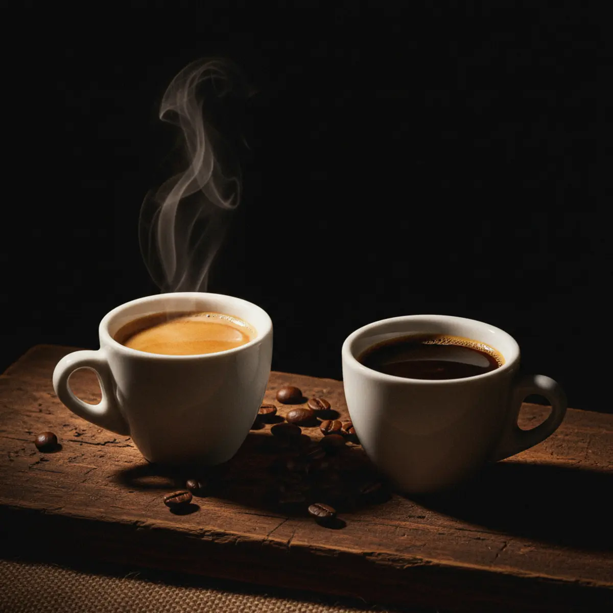 Side by side comparison of medium roast and dark roast coffee cups showing color and body difference