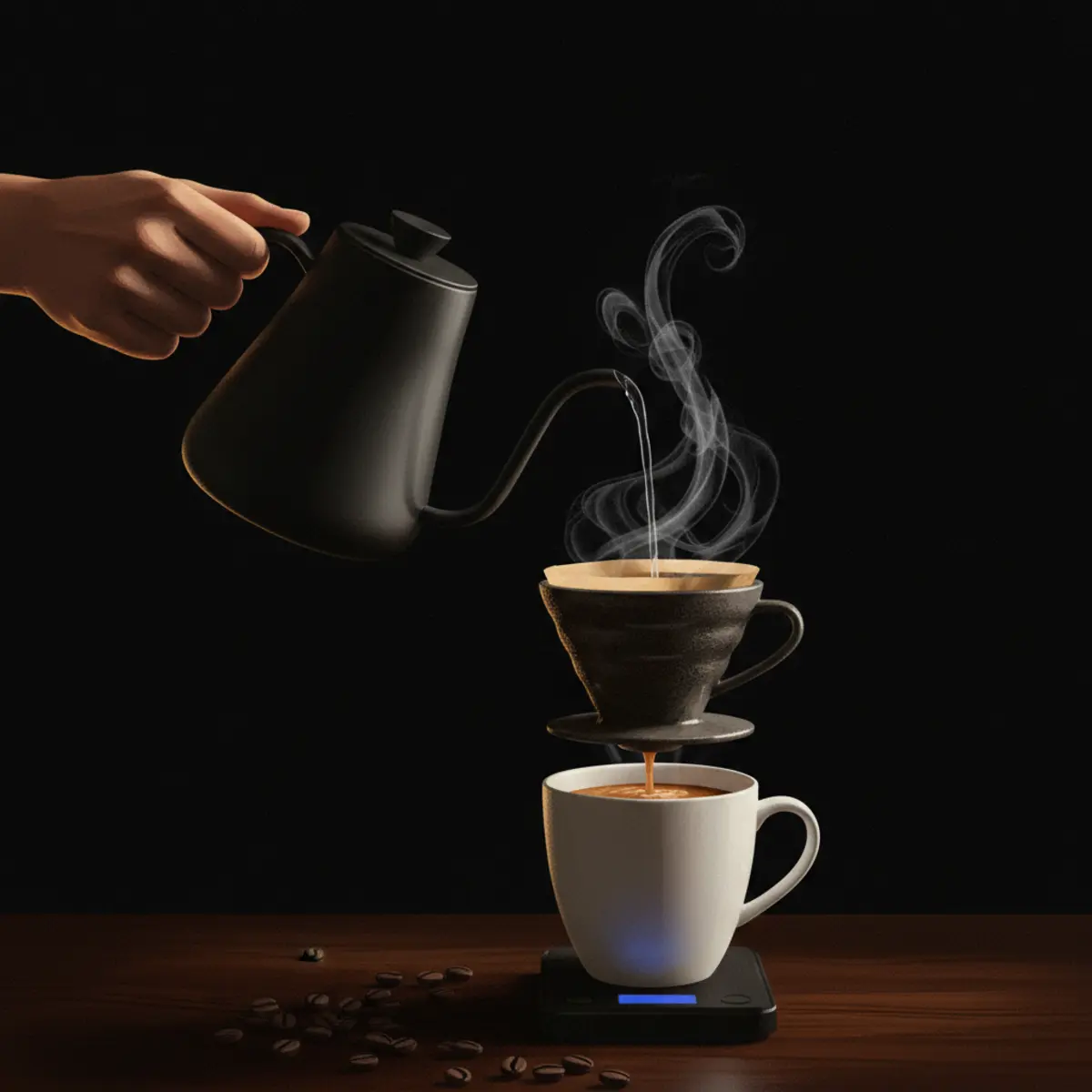 Coffee scale showing 13 grams of Colombian specialty coffee measured for pour over brewing