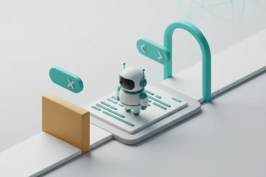 Ilustración isométrica de un robot frente a rutas bloqueadas y permitidas, representando robots.txt perfecto WordPress