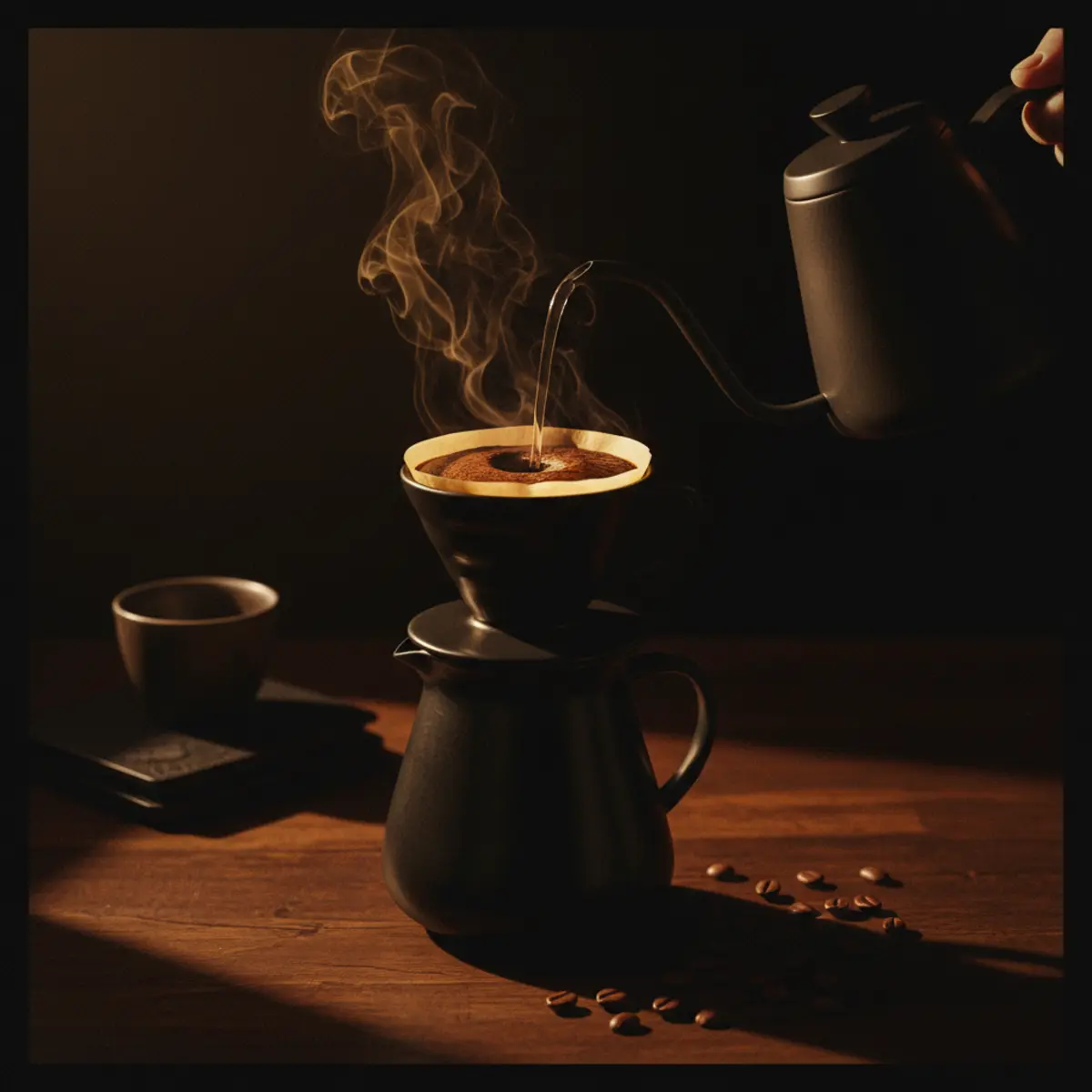 Pour-over coffee brewing technique with Colombian specialty coffee beans showing correct water pour to prevent bitter coffee