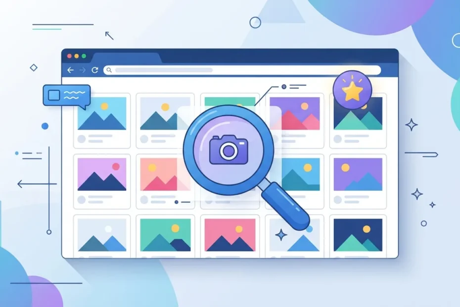 Lupa de búsqueda sobre una cuadrícula de imágenes, ilustrando el concepto de SEO para Google Imágenes