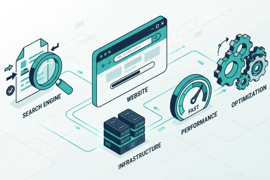 Ilustración conceptual de SEO técnico: infraestructura, velocidad y rastreo de un sitio en WordPress