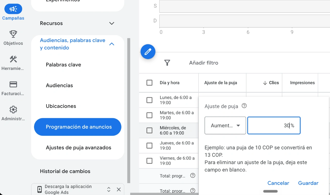 Captura de pantalla del panel de ajustes de puja por dispositivo y hora en Google Ads