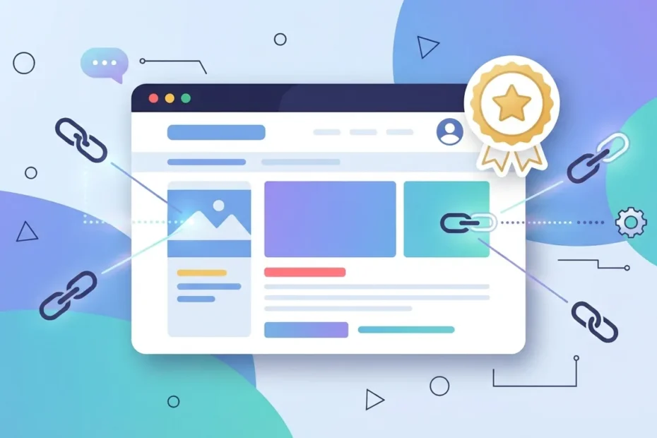 Ilustración plana de una ventana de navegador con enlaces convergiendo hacia una página web y una insignia de autoridad, representando el concepto de autoridad de dominio