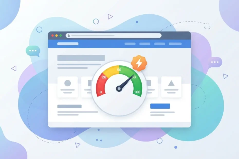 Ilustración de un velocímetro de rendimiento web marcando velocidad rápida, representando el diagnóstico de Core Web Vitals en un sitio WordPress