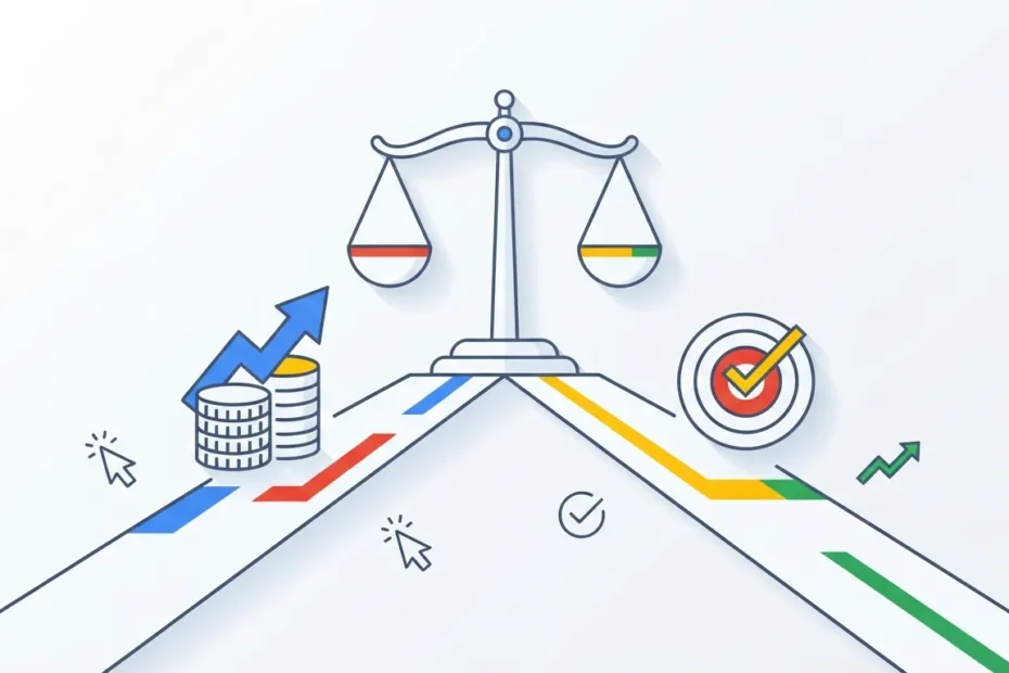 Ilustración de las estrategias de puja en Google Ads: las que priorizan gastar el presupuesto vs. las que priorizan un objetivo