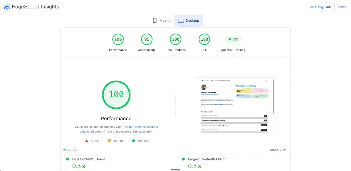 Captura de PageSpeed Insights mostrando el rendimiento en escritorio de andres.marketing: 100 de Performance y LCP de 0.5 segundos