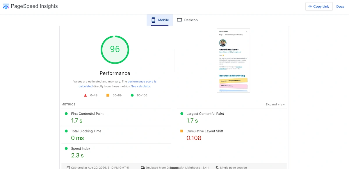 Captura de PageSpeed Insights mostrando el rendimiento móvil de andres.marketing: 96 de Performance, LCP de 1.7 segundos y CLS de 0.108