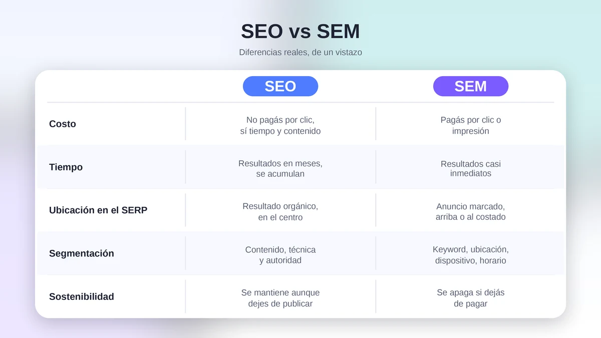 Tabla con las diferencias entre SEO y SEM en costo, tiempo, ubicación en el SERP, segmentación y sostenibilidad