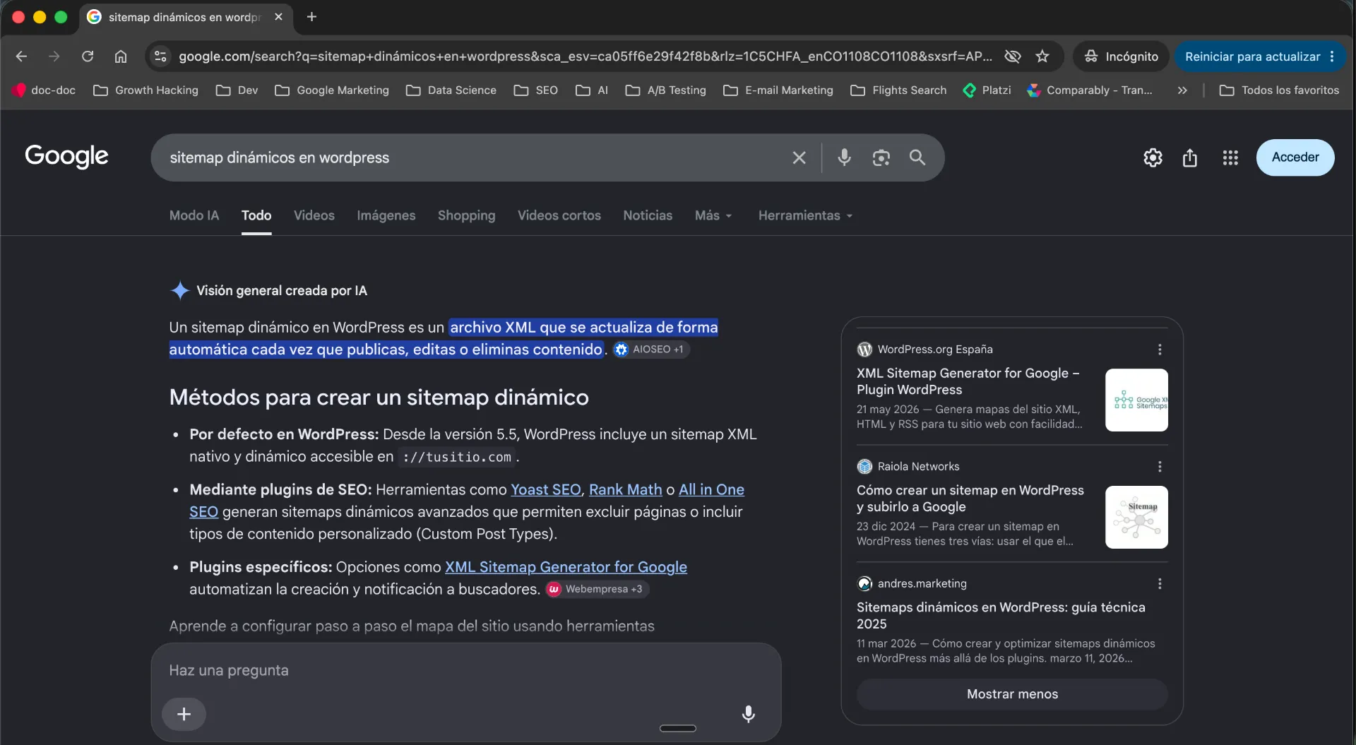 Captura de escritorio de un AI Overview de Google citando a andres.marketing como fuente para la búsqueda sitemap dinámicos en WordPress