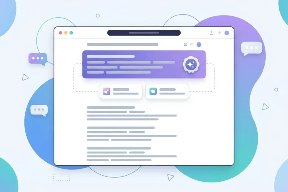 Ilustración de una página de resultados de Google con un panel de respuesta generado por IA y tarjetas de citación conectadas por líneas punteadas