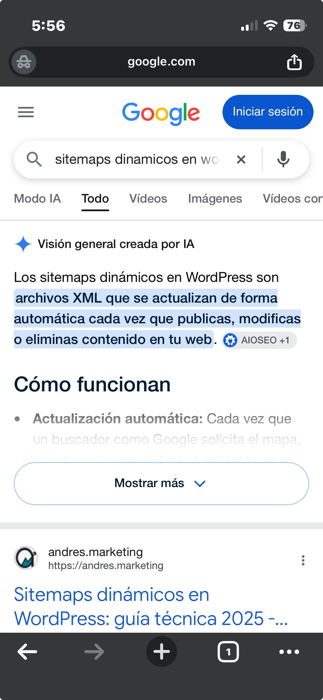 Captura móvil de un AI Overview de Google mostrando a andres.marketing como fuente citada para sitemaps dinámicos en WordPress